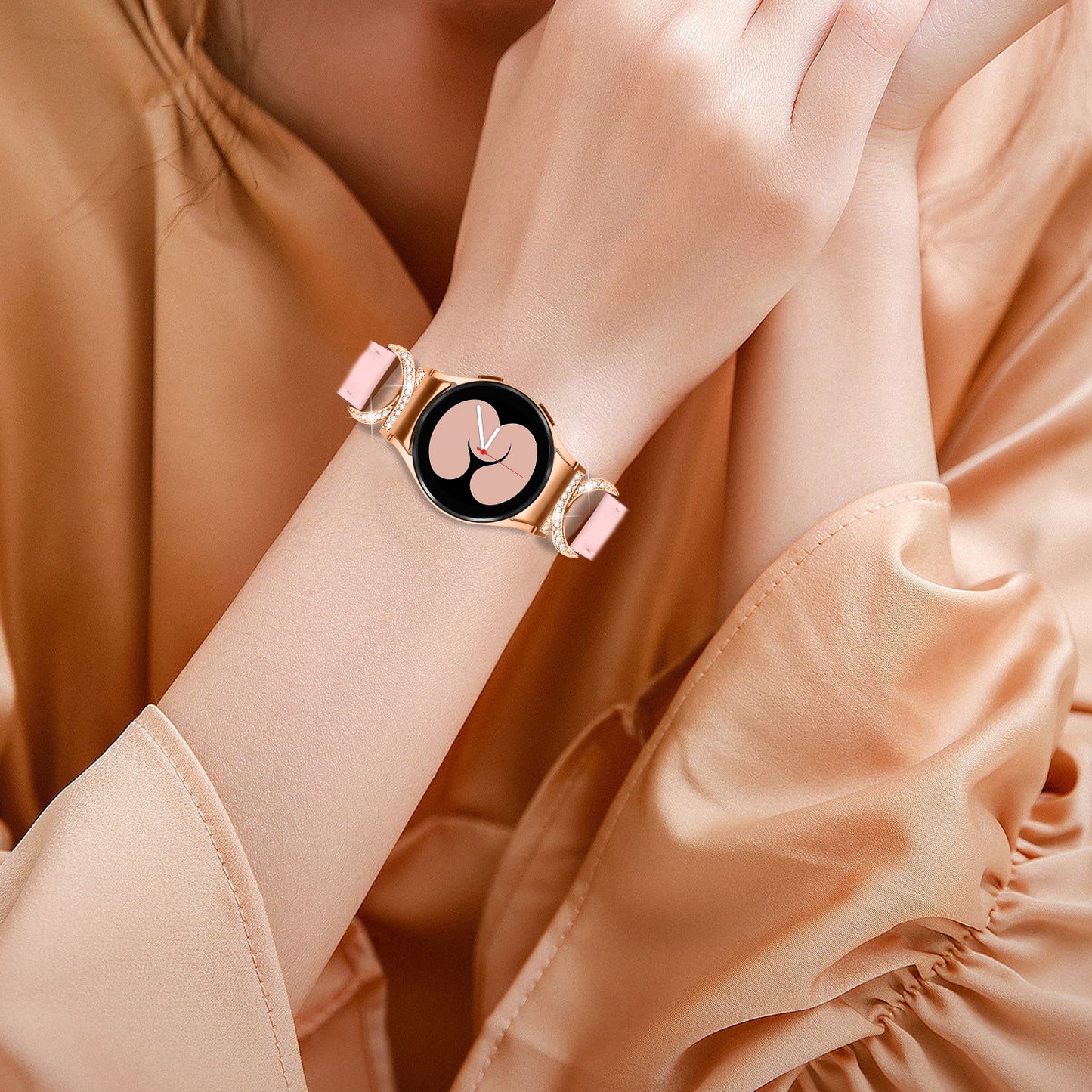 For Samsung Galaxy Watch6 40mm 44mm / Watch6 Classic 43mm 47mm / Watch 5 40mm 44mm / Watch4 40mm 44mm Rhinestone D-shape Connector Wrist Band Adjustable Split Leather Strap with Rose Gold Buckle