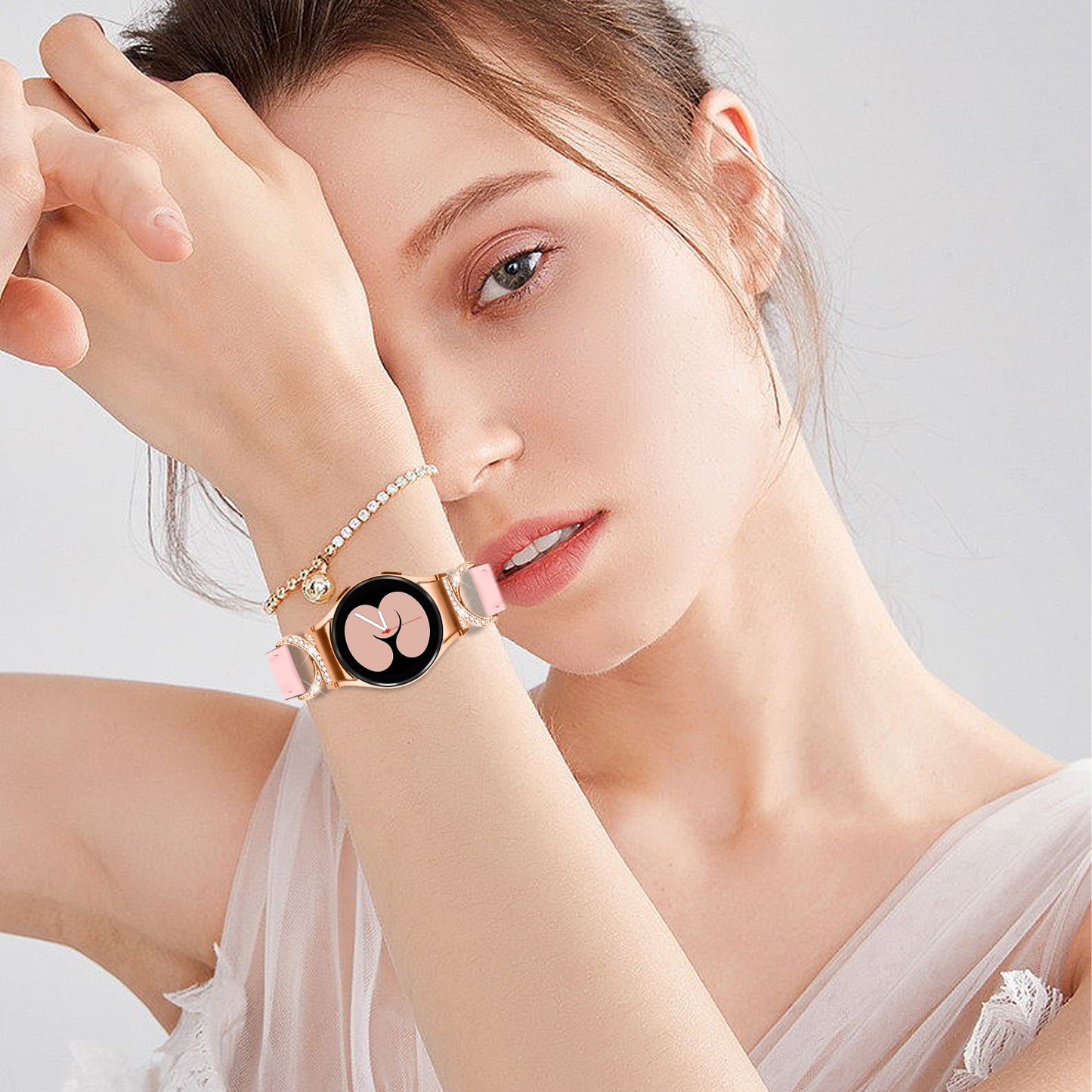 For Samsung Galaxy Watch6 40mm 44mm / Watch6 Classic 43mm 47mm / Watch 5 40mm 44mm / Watch4 40mm 44mm Rhinestone D-shape Connector Wrist Band Adjustable Split Leather Strap with Rose Gold Buckle