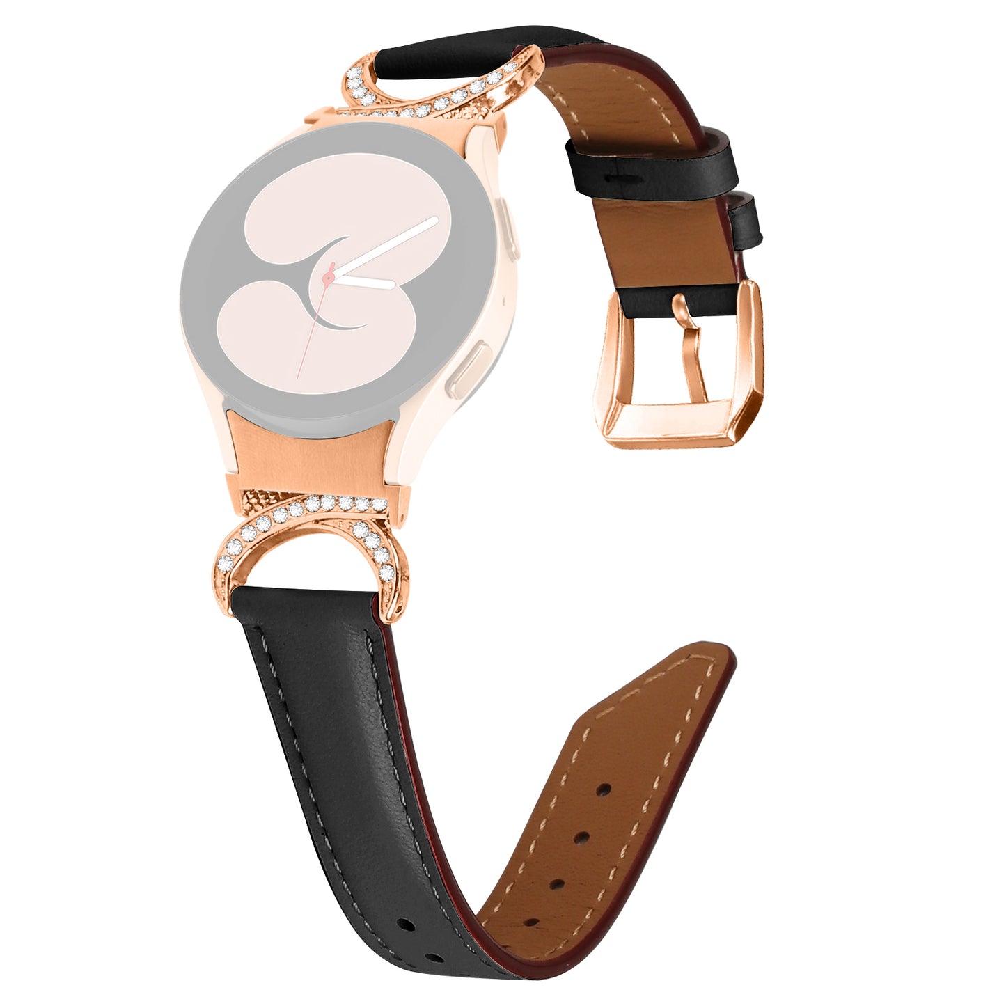 For Samsung Galaxy Watch6 40mm 44mm / Watch6 Classic 43mm 47mm / Watch 5 40mm 44mm / Watch4 40mm 44mm Rhinestone D-shape Connector Wrist Band Adjustable Split Leather Strap with Rose Gold Buckle