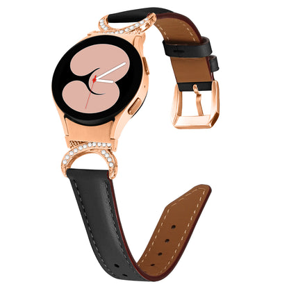 For Samsung Galaxy Watch6 40mm 44mm / Watch6 Classic 43mm 47mm / Watch 5 40mm 44mm / Watch4 40mm 44mm Rhinestone D-shape Connector Wrist Band Adjustable Split Leather Strap with Rose Gold Buckle