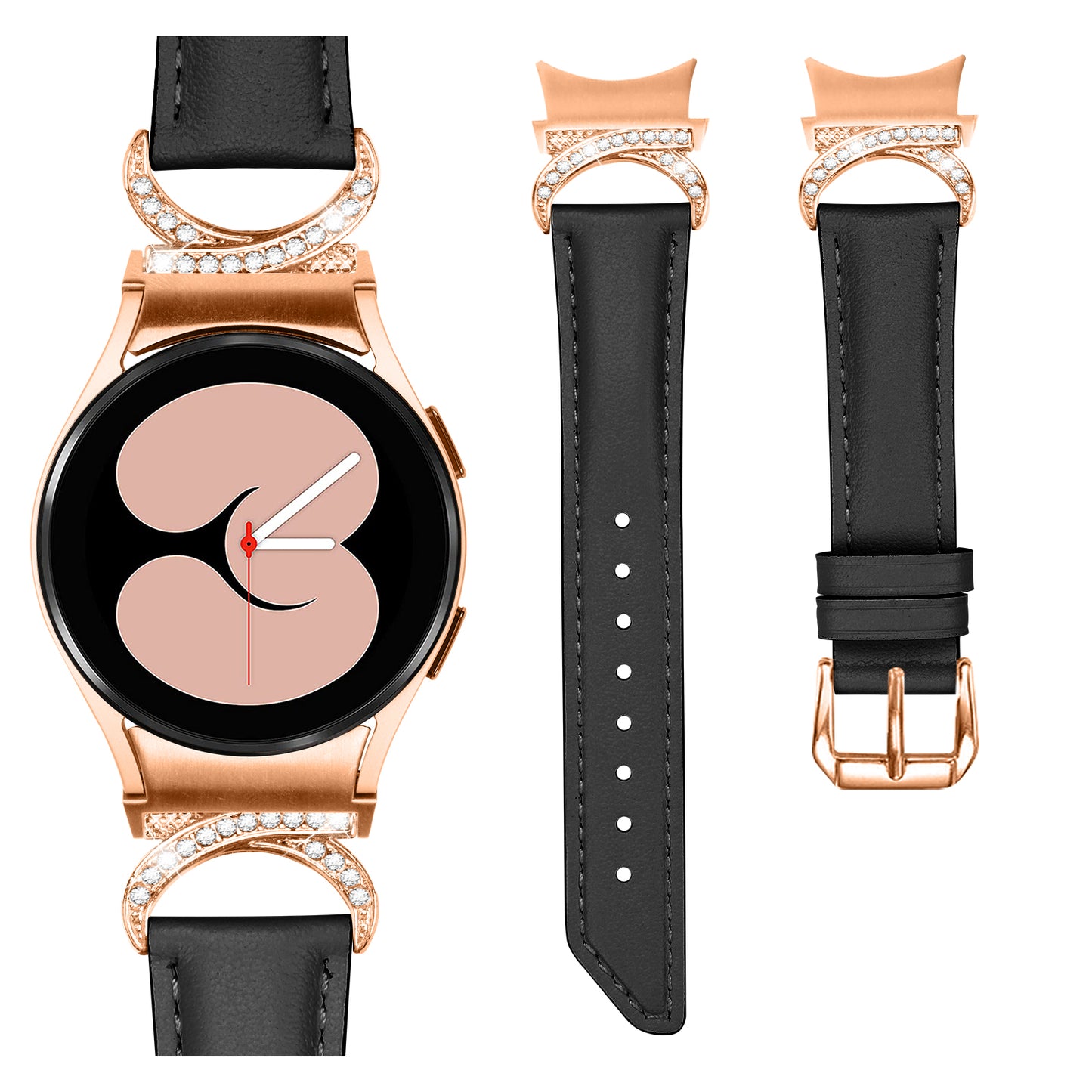 For Samsung Galaxy Watch6 40mm 44mm / Watch6 Classic 43mm 47mm / Watch 5 40mm 44mm / Watch4 40mm 44mm Rhinestone D-shape Connector Wrist Band Adjustable Split Leather Strap with Rose Gold Buckle