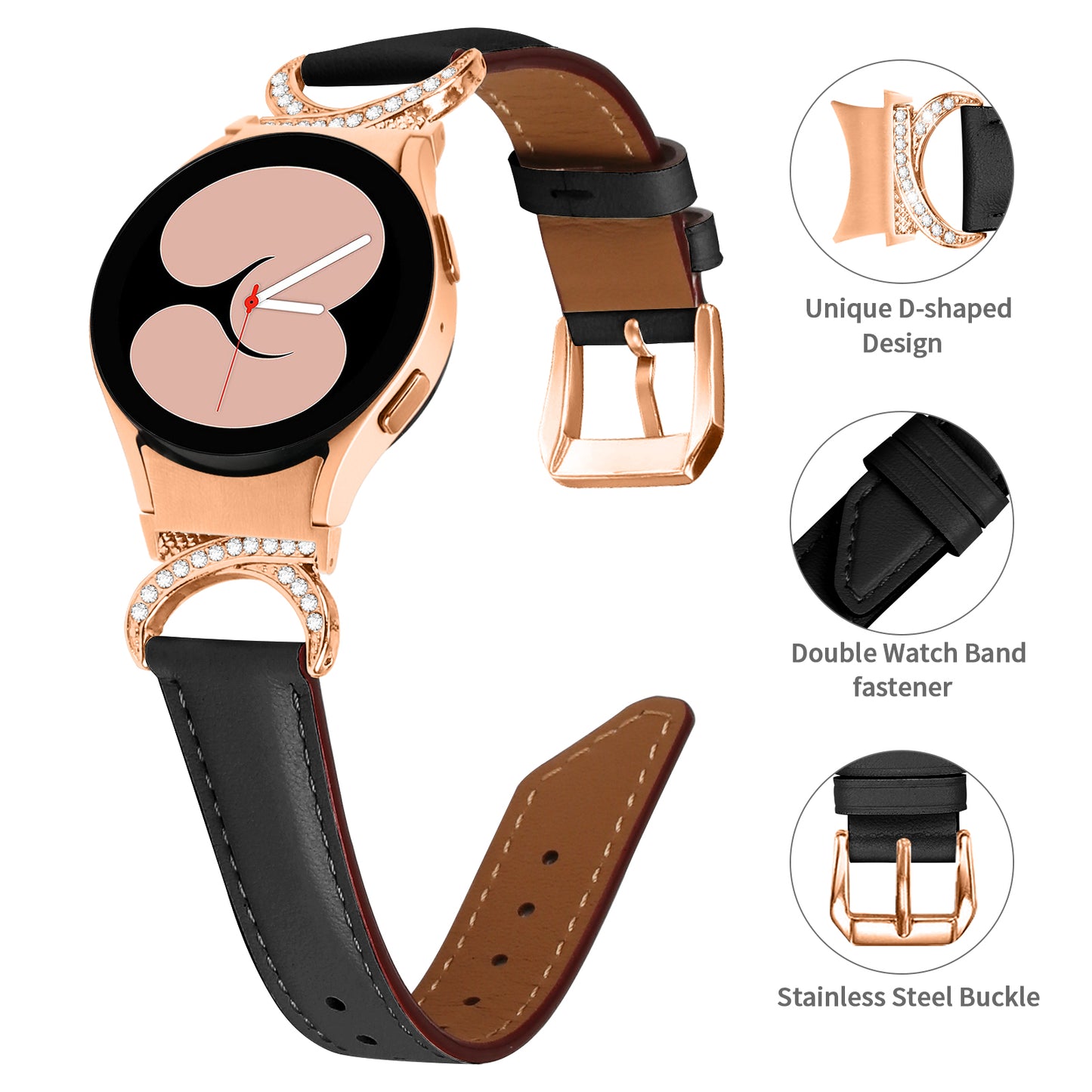 For Samsung Galaxy Watch6 40mm 44mm / Watch6 Classic 43mm 47mm / Watch 5 40mm 44mm / Watch4 40mm 44mm Rhinestone D-shape Connector Wrist Band Adjustable Split Leather Strap with Rose Gold Buckle