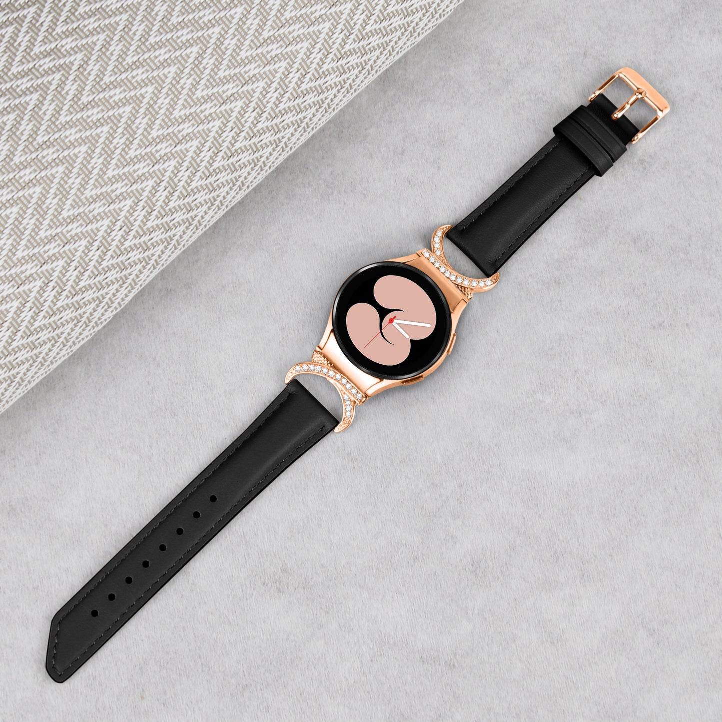 For Samsung Galaxy Watch6 40mm 44mm / Watch6 Classic 43mm 47mm / Watch 5 40mm 44mm / Watch4 40mm 44mm Rhinestone D-shape Connector Wrist Band Adjustable Split Leather Strap with Rose Gold Buckle