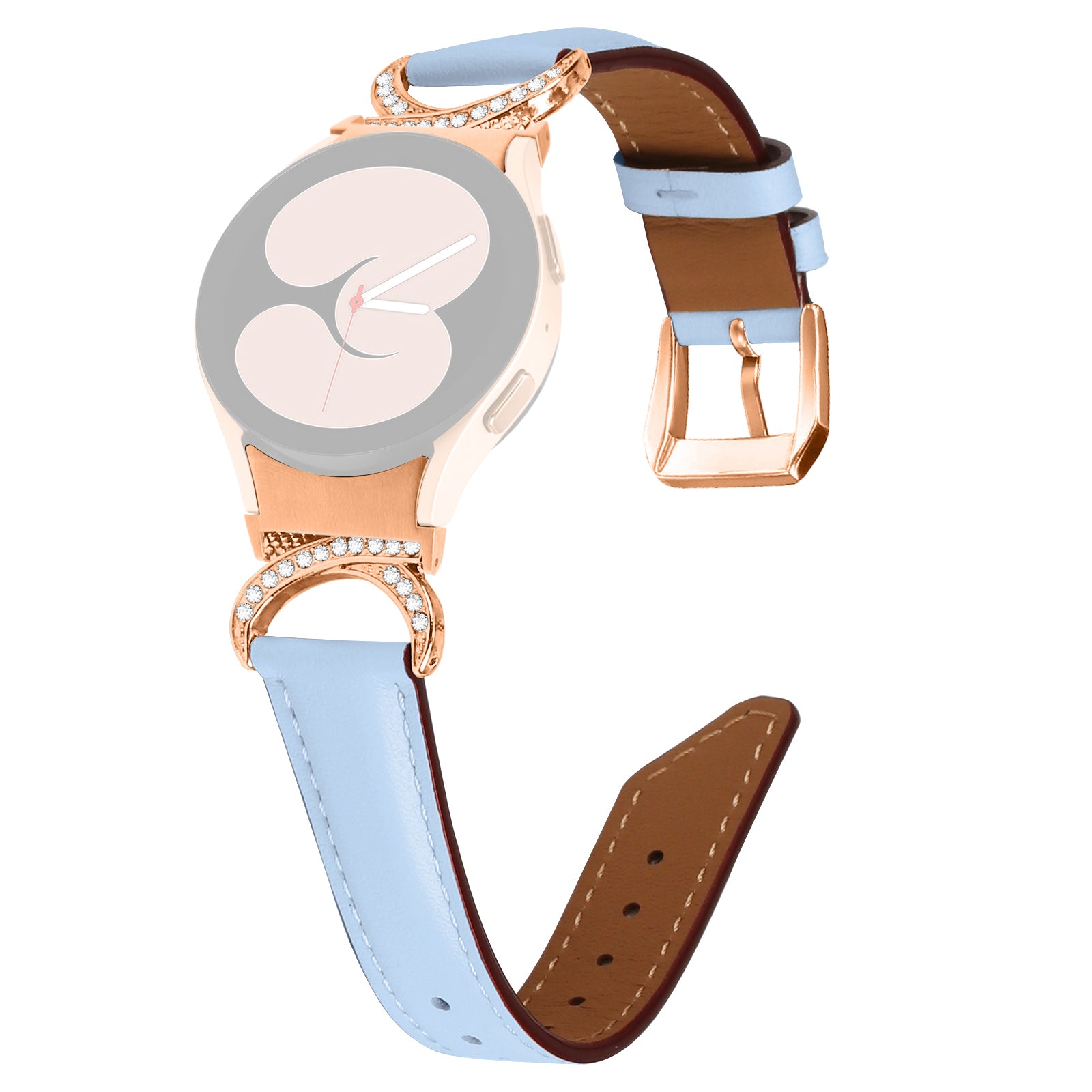 For Samsung Galaxy Watch6 40mm 44mm / Watch6 Classic 43mm 47mm / Watch 5 40mm 44mm / Watch4 40mm 44mm Rhinestone D-shape Connector Wrist Band Adjustable Split Leather Strap with Rose Gold Buckle