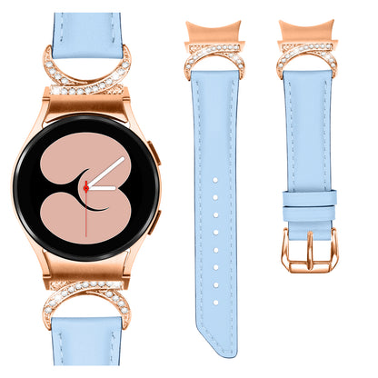 For Samsung Galaxy Watch6 40mm 44mm / Watch6 Classic 43mm 47mm / Watch 5 40mm 44mm / Watch4 40mm 44mm Rhinestone D-shape Connector Wrist Band Adjustable Split Leather Strap with Rose Gold Buckle