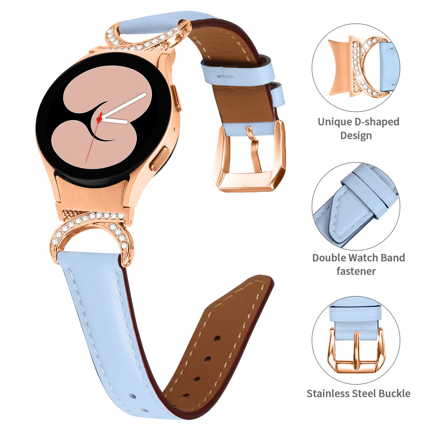 For Samsung Galaxy Watch6 40mm 44mm / Watch6 Classic 43mm 47mm / Watch 5 40mm 44mm / Watch4 40mm 44mm Rhinestone D-shape Connector Wrist Band Adjustable Split Leather Strap with Rose Gold Buckle