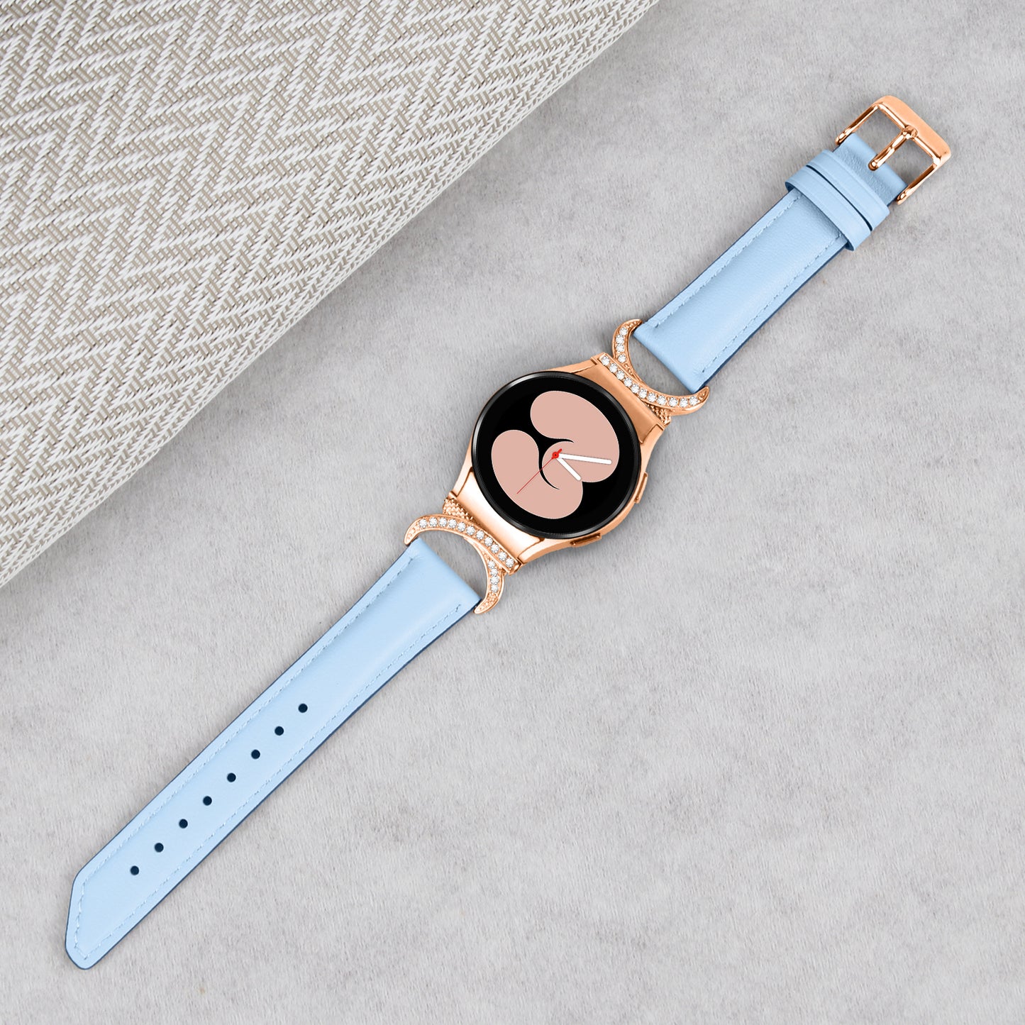 For Samsung Galaxy Watch6 40mm 44mm / Watch6 Classic 43mm 47mm / Watch 5 40mm 44mm / Watch4 40mm 44mm Rhinestone D-shape Connector Wrist Band Adjustable Split Leather Strap with Rose Gold Buckle