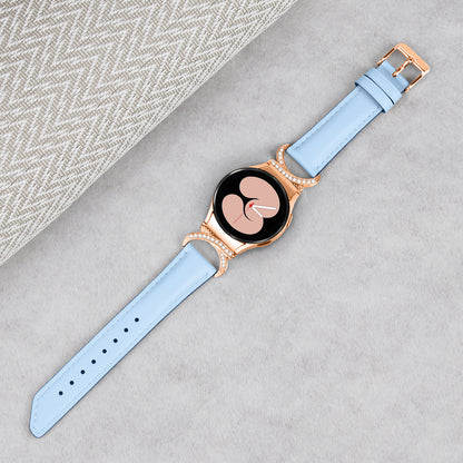 For Samsung Galaxy Watch6 40mm 44mm / Watch6 Classic 43mm 47mm / Watch 5 40mm 44mm / Watch4 40mm 44mm Rhinestone D-shape Connector Wrist Band Adjustable Split Leather Strap with Rose Gold Buckle