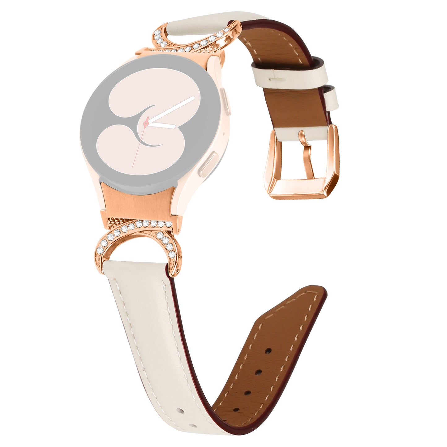 For Samsung Galaxy Watch6 40mm 44mm / Watch6 Classic 43mm 47mm / Watch 5 40mm 44mm / Watch4 40mm 44mm Rhinestone D-shape Connector Wrist Band Adjustable Split Leather Strap with Rose Gold Buckle