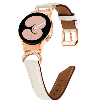 For Samsung Galaxy Watch6 40mm 44mm / Watch6 Classic 43mm 47mm / Watch 5 40mm 44mm / Watch4 40mm 44mm Rhinestone D-shape Connector Wrist Band Adjustable Split Leather Strap with Rose Gold Buckle