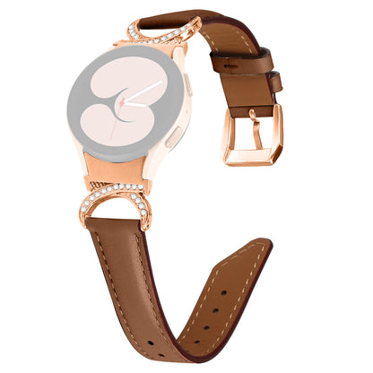 For Samsung Galaxy Watch6 40mm 44mm / Watch6 Classic 43mm 47mm / Watch 5 40mm 44mm / Watch4 40mm 44mm Rhinestone D-shape Connector Wrist Band Adjustable Split Leather Strap with Rose Gold Buckle