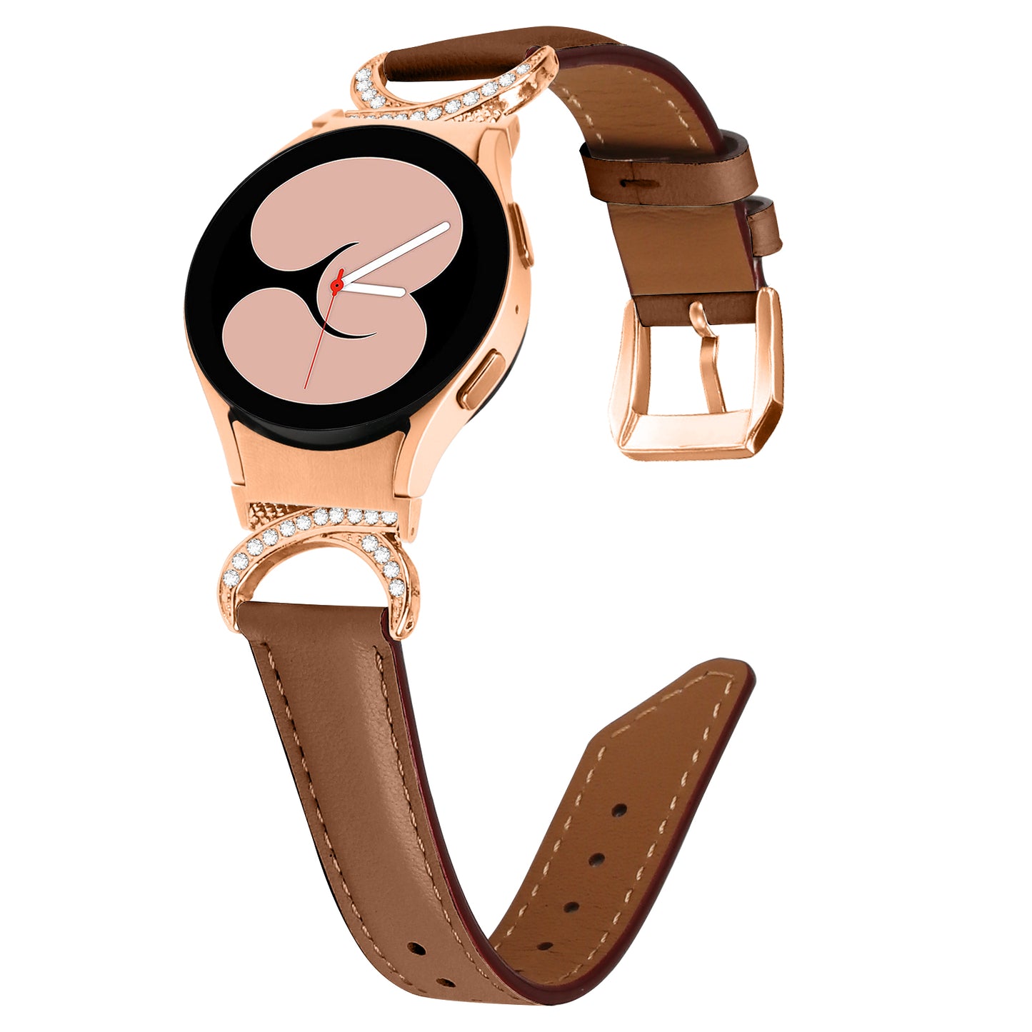 For Samsung Galaxy Watch6 40mm 44mm / Watch6 Classic 43mm 47mm / Watch 5 40mm 44mm / Watch4 40mm 44mm Rhinestone D-shape Connector Wrist Band Adjustable Split Leather Strap with Rose Gold Buckle