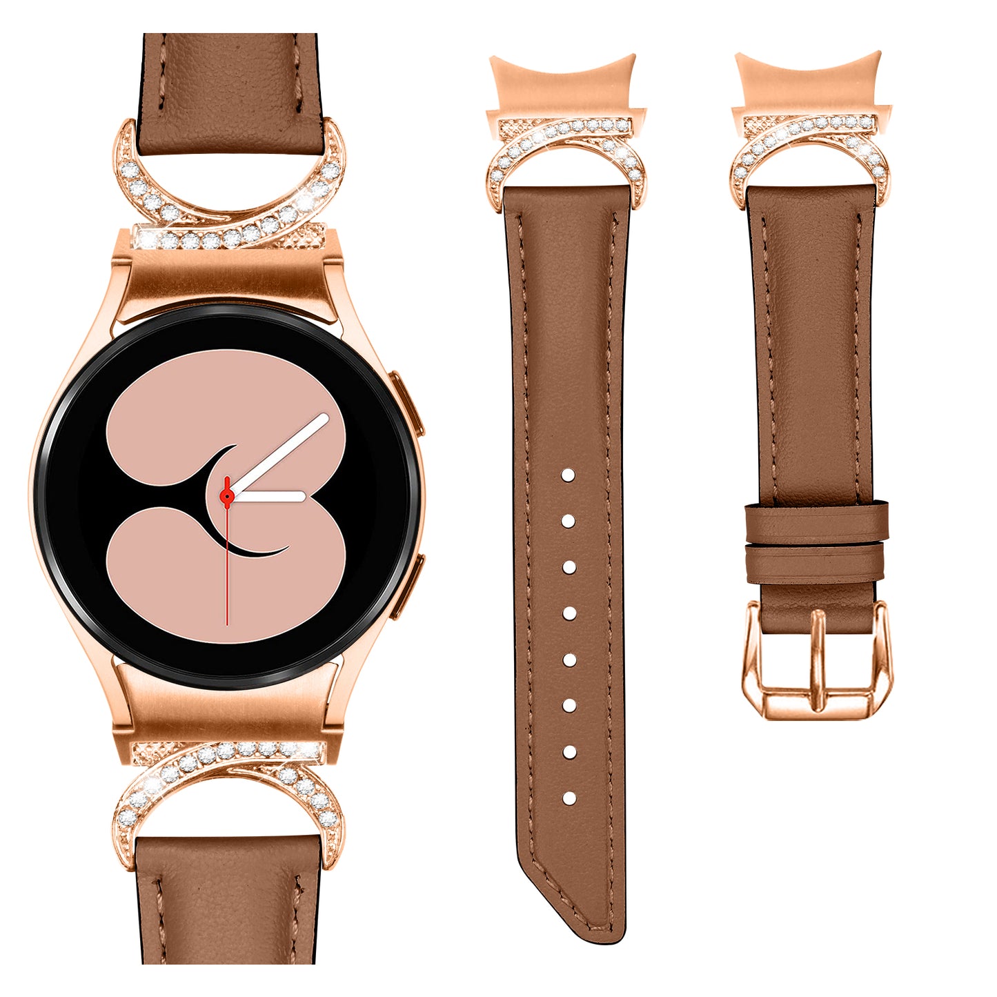 For Samsung Galaxy Watch6 40mm 44mm / Watch6 Classic 43mm 47mm / Watch 5 40mm 44mm / Watch4 40mm 44mm Rhinestone D-shape Connector Wrist Band Adjustable Split Leather Strap with Rose Gold Buckle