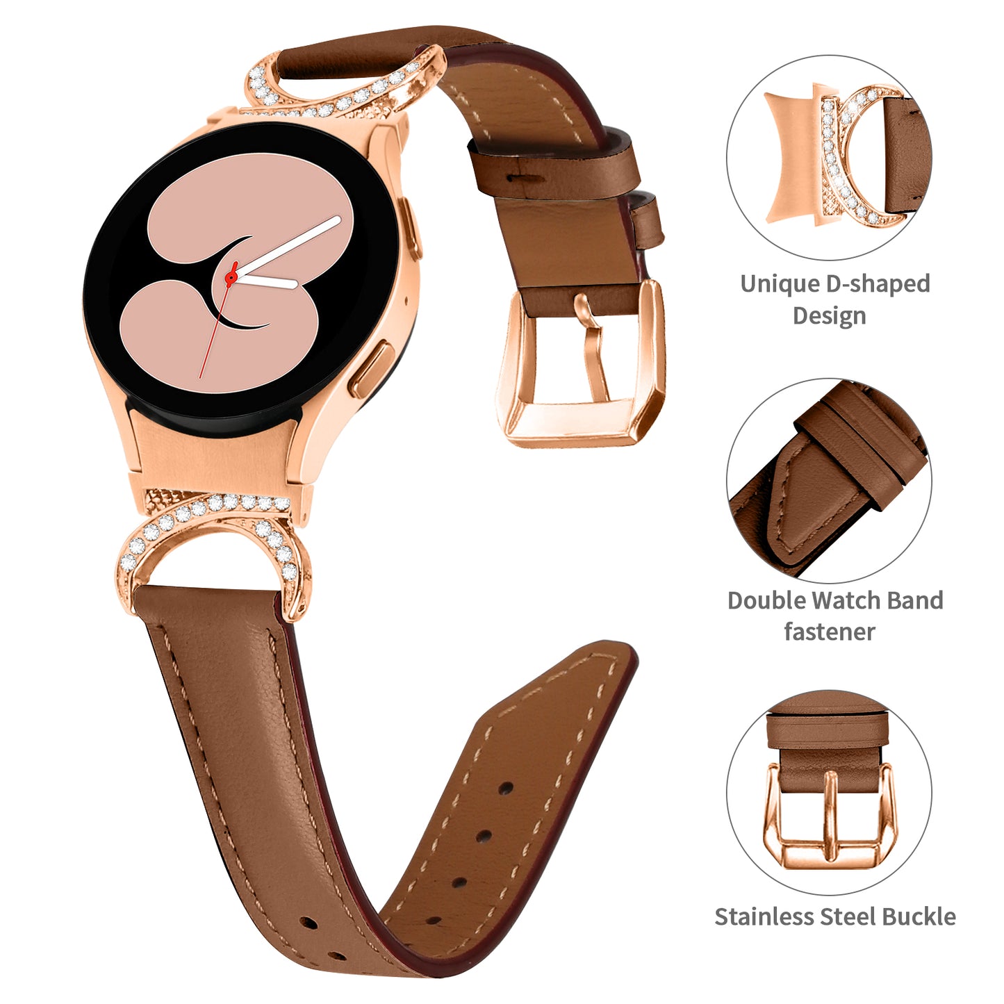 For Samsung Galaxy Watch6 40mm 44mm / Watch6 Classic 43mm 47mm / Watch 5 40mm 44mm / Watch4 40mm 44mm Rhinestone D-shape Connector Wrist Band Adjustable Split Leather Strap with Rose Gold Buckle