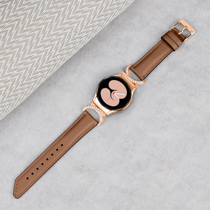 For Samsung Galaxy Watch6 40mm 44mm / Watch6 Classic 43mm 47mm / Watch 5 40mm 44mm / Watch4 40mm 44mm Rhinestone D-shape Connector Wrist Band Adjustable Split Leather Strap with Rose Gold Buckle