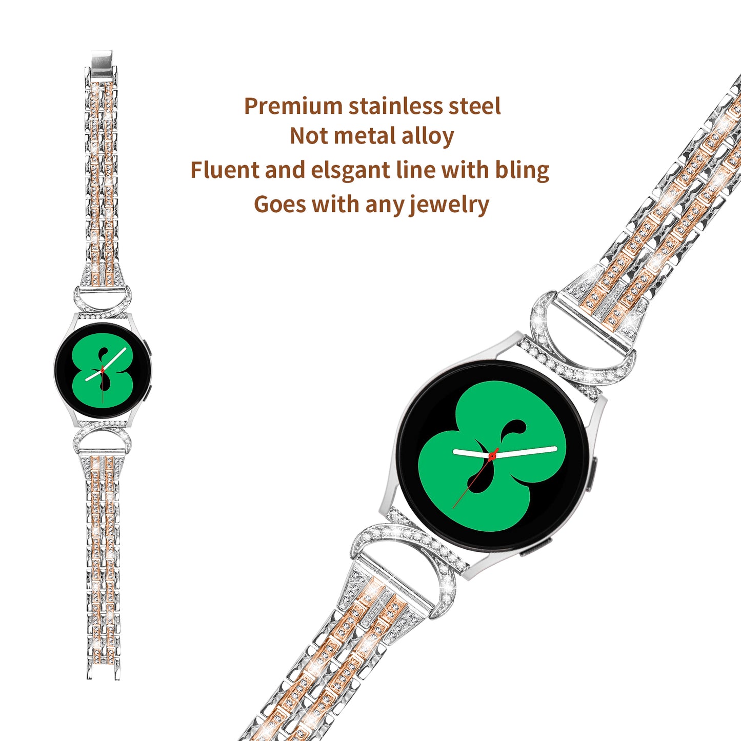 Stainless Steel Watch Band for Samsung Galaxy Watch6 40mm 44mm / Watch6 Classic 43mm 47mm / Watch 5 40mm 44mm / Watch4 40mm 44mm / Watch3 41mm , 20mm 5-Bead Rhinestone Decor Bracelet