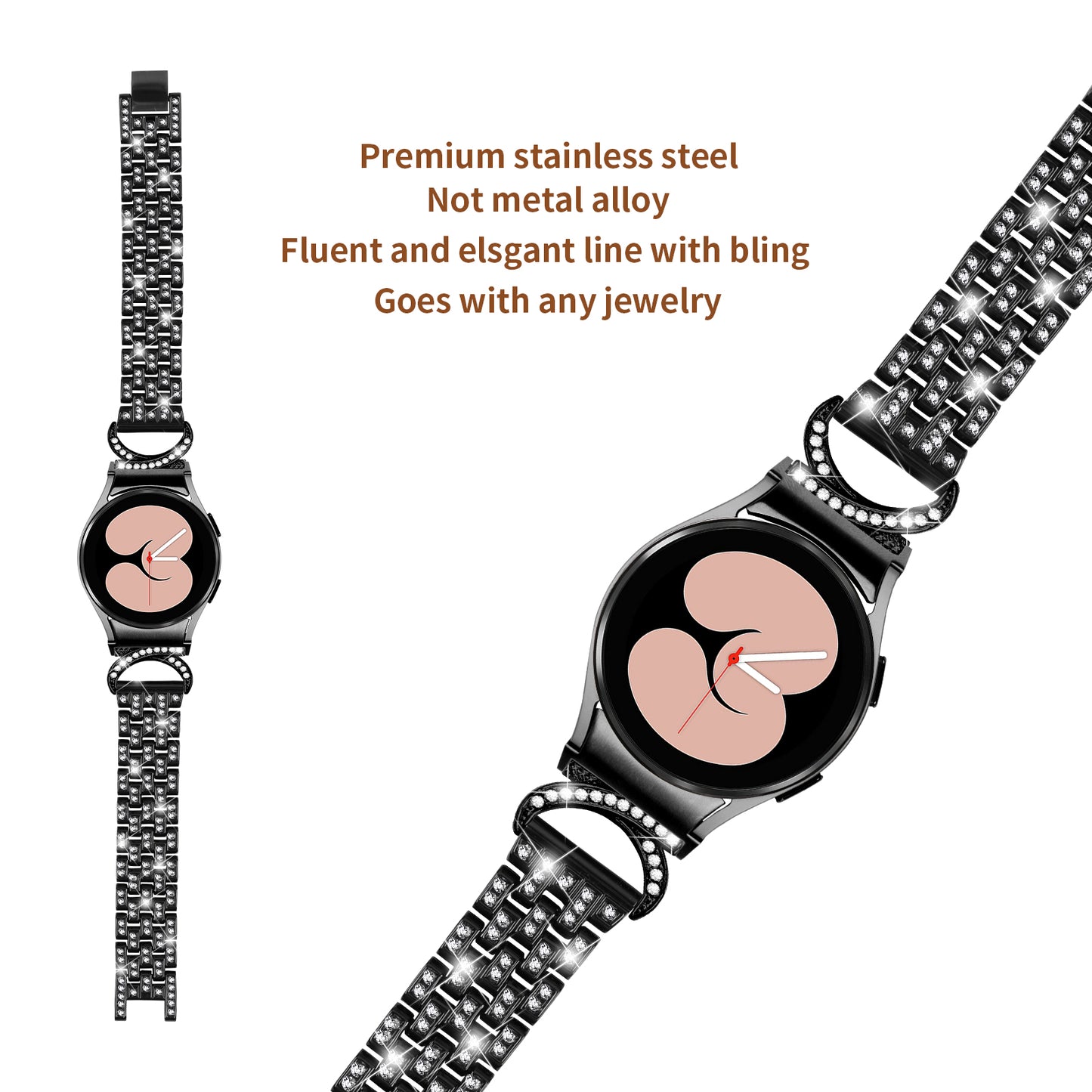 Stainless Steel Watch Band for Samsung Galaxy Watch6 40mm 44mm / Watch6 Classic 43mm 47mm / Watch 5 40mm 44mm / Watch4 40mm 44mm , 5-Bead Rhinestone Decor Replacement Bracelet with Connector