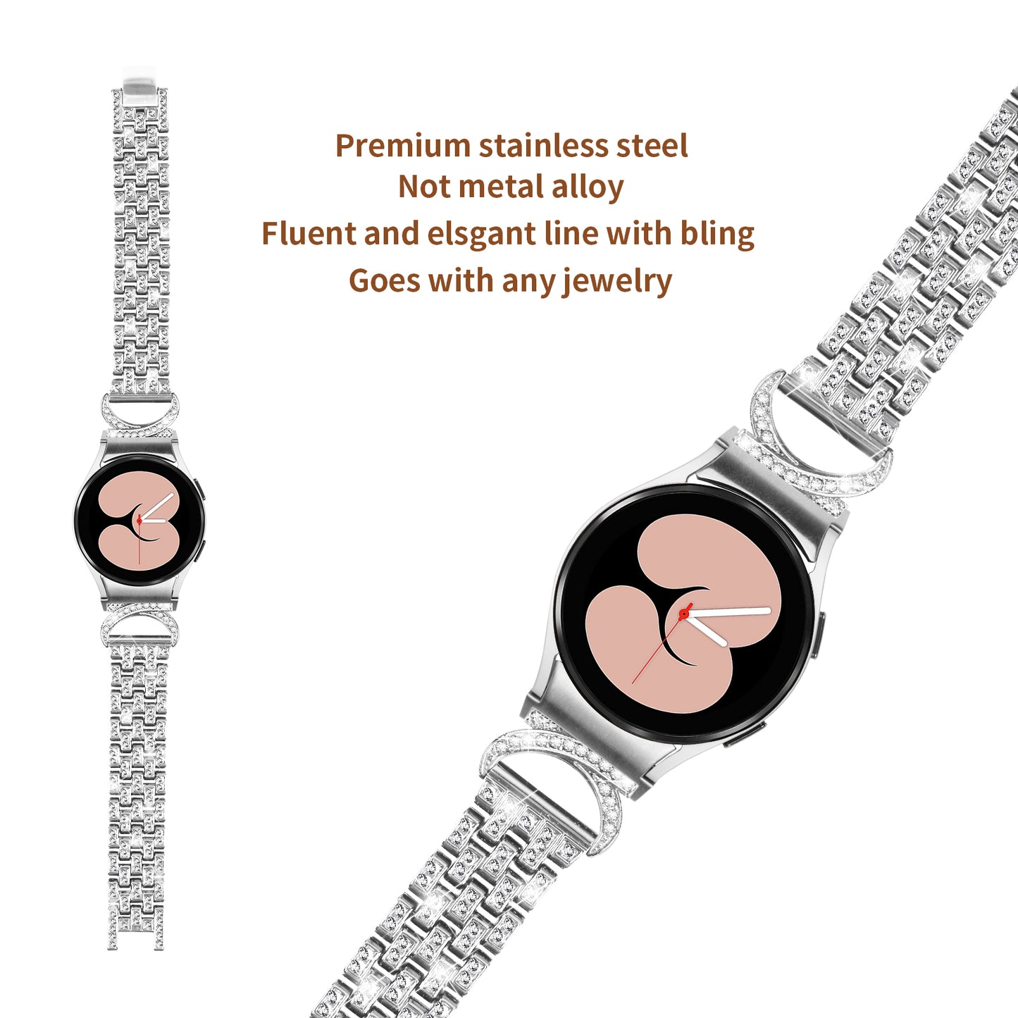 Stainless Steel Watch Band for Samsung Galaxy Watch6 40mm 44mm / Watch6 Classic 43mm 47mm / Watch 5 40mm 44mm / Watch4 40mm 44mm , 5-Bead Rhinestone Decor Replacement Bracelet with Connector