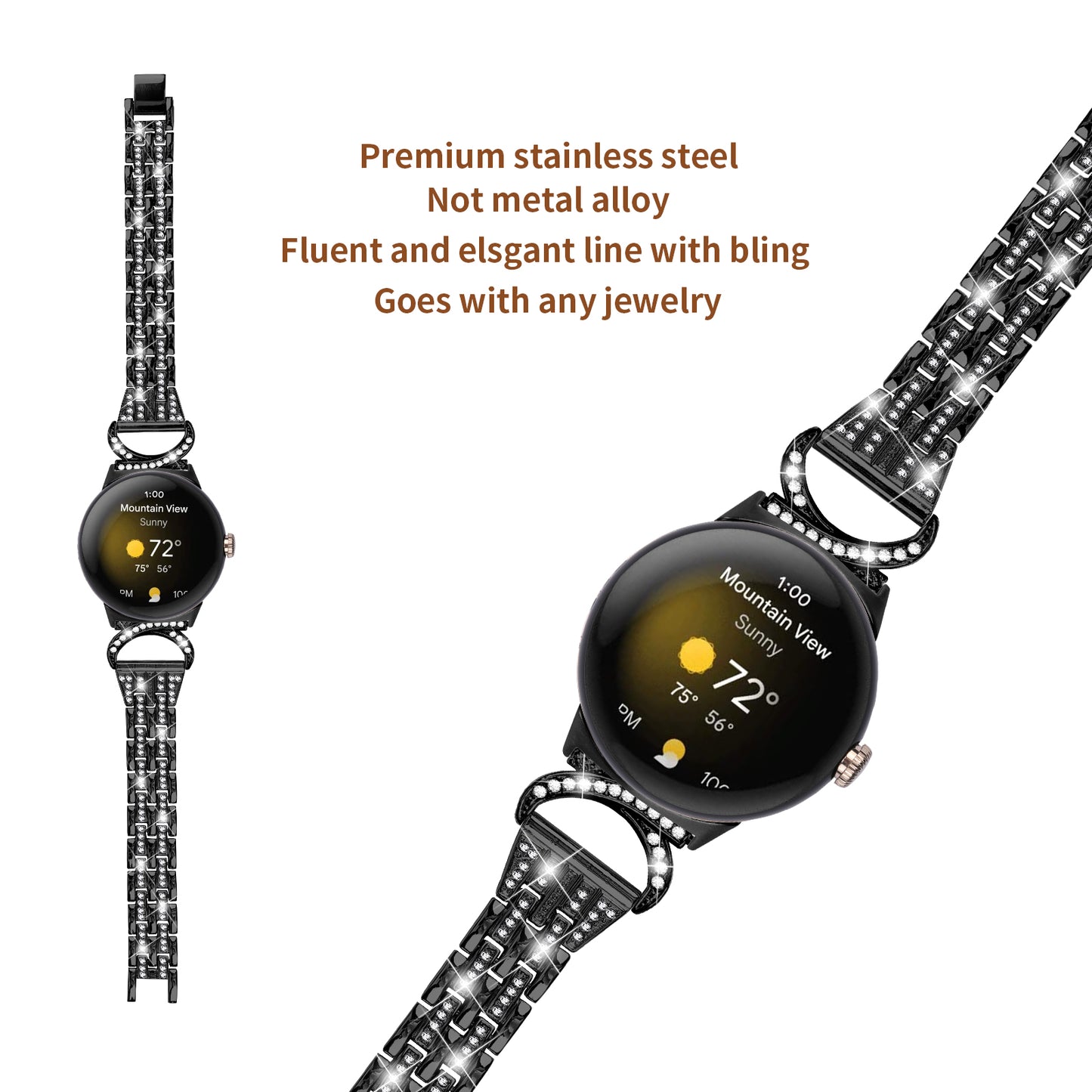 For Google Pixel Watch 2 / Pixel Watch Stainless Steel Band Rhinestone Decor 5-Bead Watch Strap Bracelet