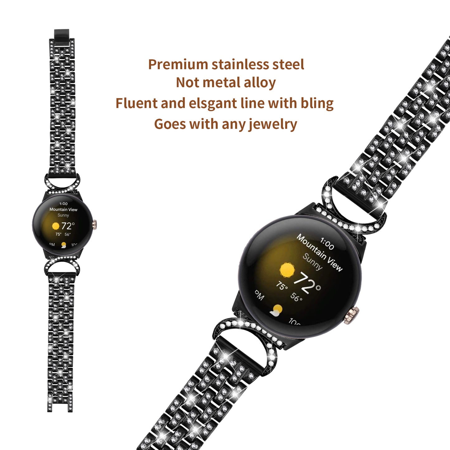 For Google Pixel Watch 2 / Pixel Watch Rhinestone Decor Metal Wristband Strap 5-Bead Stainless Steel Watch Band