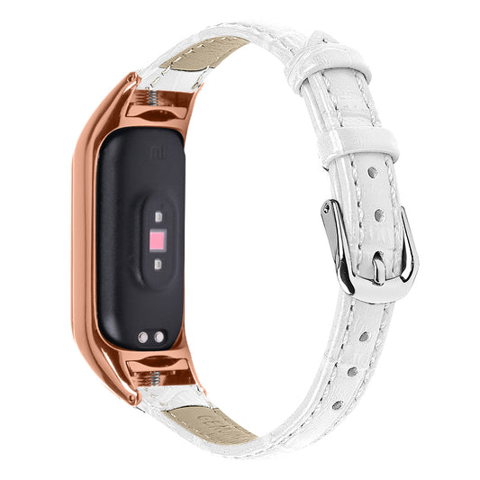 For Xiaomi Smart Band 8 Genuine Cowhide Leather Watch Band Bamboo Grain Strap with Rose Gold Frame