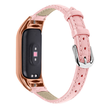 For Xiaomi Smart Band 8 Genuine Cowhide Leather Watch Band Bamboo Grain Strap with Rose Gold Frame