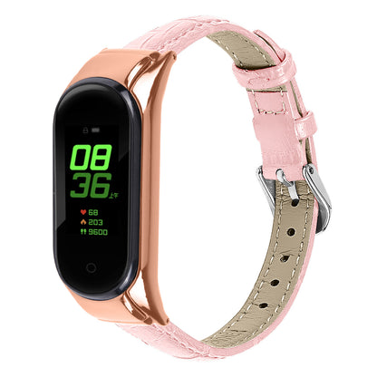 For Xiaomi Smart Band 8 Genuine Cowhide Leather Watch Band Bamboo Grain Strap with Rose Gold Frame