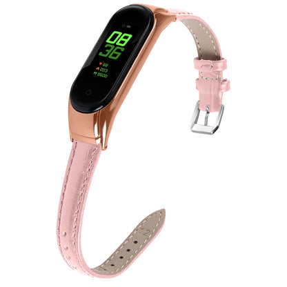 For Xiaomi Smart Band 8 Genuine Cowhide Leather Watch Band Bamboo Grain Strap with Rose Gold Frame