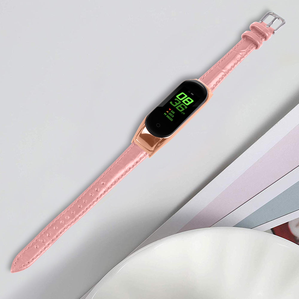 For Xiaomi Smart Band 8 Genuine Cowhide Leather Watch Band Bamboo Grain Strap with Rose Gold Frame