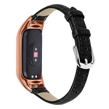 For Xiaomi Smart Band 8 Genuine Cowhide Leather Watch Band Bamboo Grain Strap with Rose Gold Frame