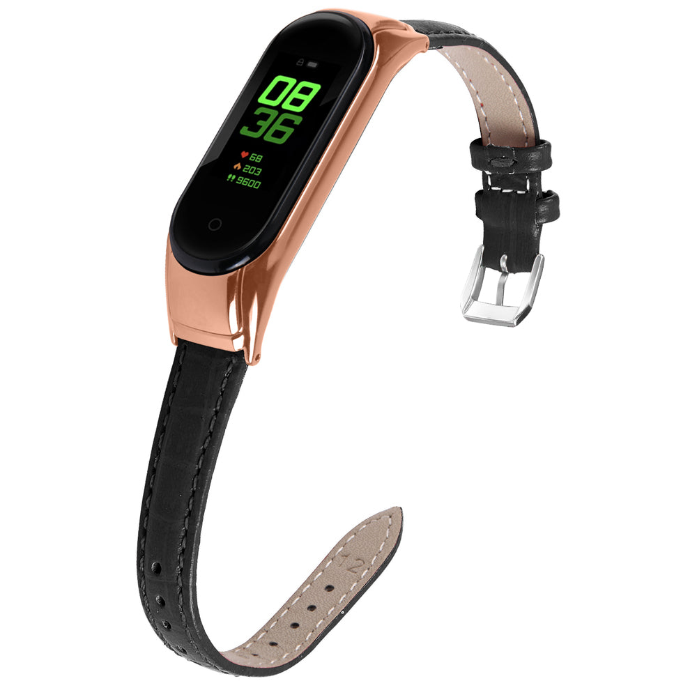 For Xiaomi Smart Band 8 Genuine Cowhide Leather Watch Band Bamboo Grain Strap with Rose Gold Frame