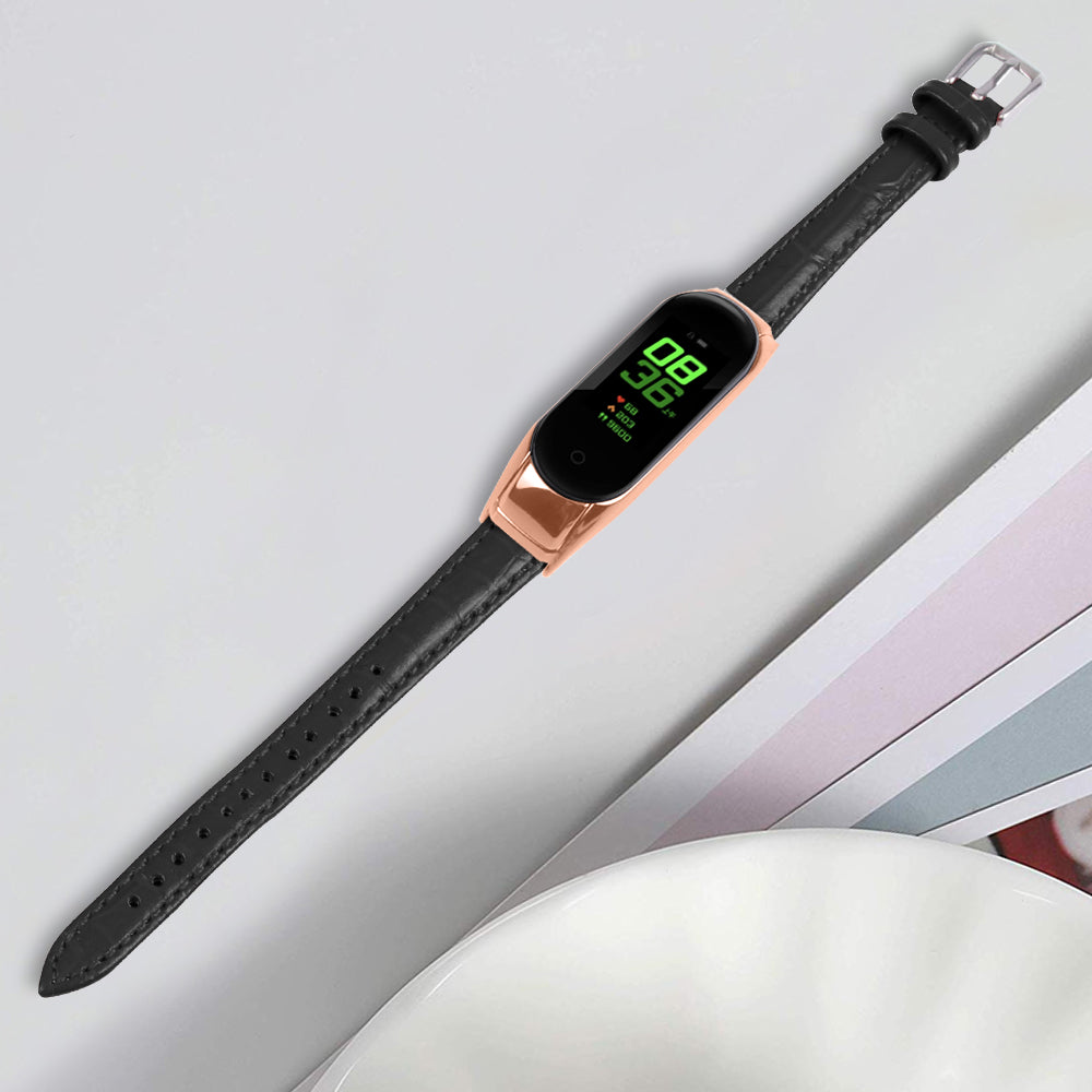 For Xiaomi Smart Band 8 Genuine Cowhide Leather Watch Band Bamboo Grain Strap with Rose Gold Frame