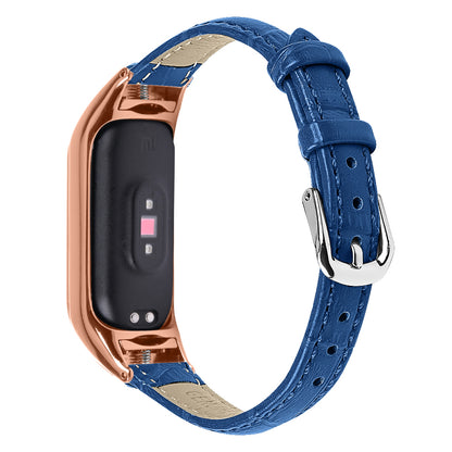 For Xiaomi Smart Band 8 Genuine Cowhide Leather Watch Band Bamboo Grain Strap with Rose Gold Frame