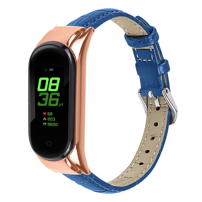 For Xiaomi Smart Band 8 Genuine Cowhide Leather Watch Band Bamboo Grain Strap with Rose Gold Frame