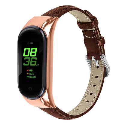 For Xiaomi Smart Band 8 Genuine Cowhide Leather Watch Band Bamboo Grain Strap with Rose Gold Frame