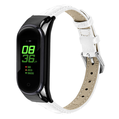 For Xiaomi Smart Band 8 Genuine Cowhide Leather Strap Bamboo Grain Watch Band with Black Frame Case