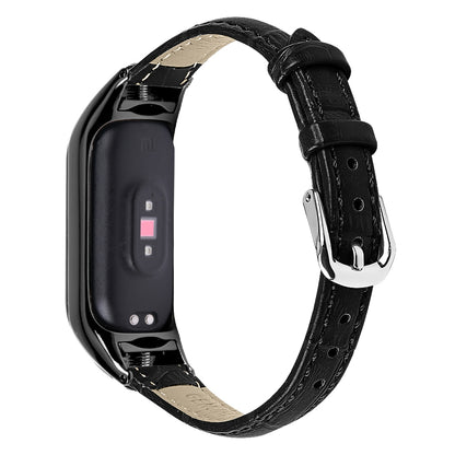 For Xiaomi Smart Band 8 Genuine Cowhide Leather Strap Bamboo Grain Watch Band with Black Frame Case