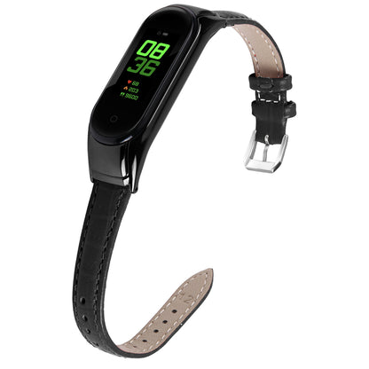 For Xiaomi Smart Band 8 Genuine Cowhide Leather Strap Bamboo Grain Watch Band with Black Frame Case