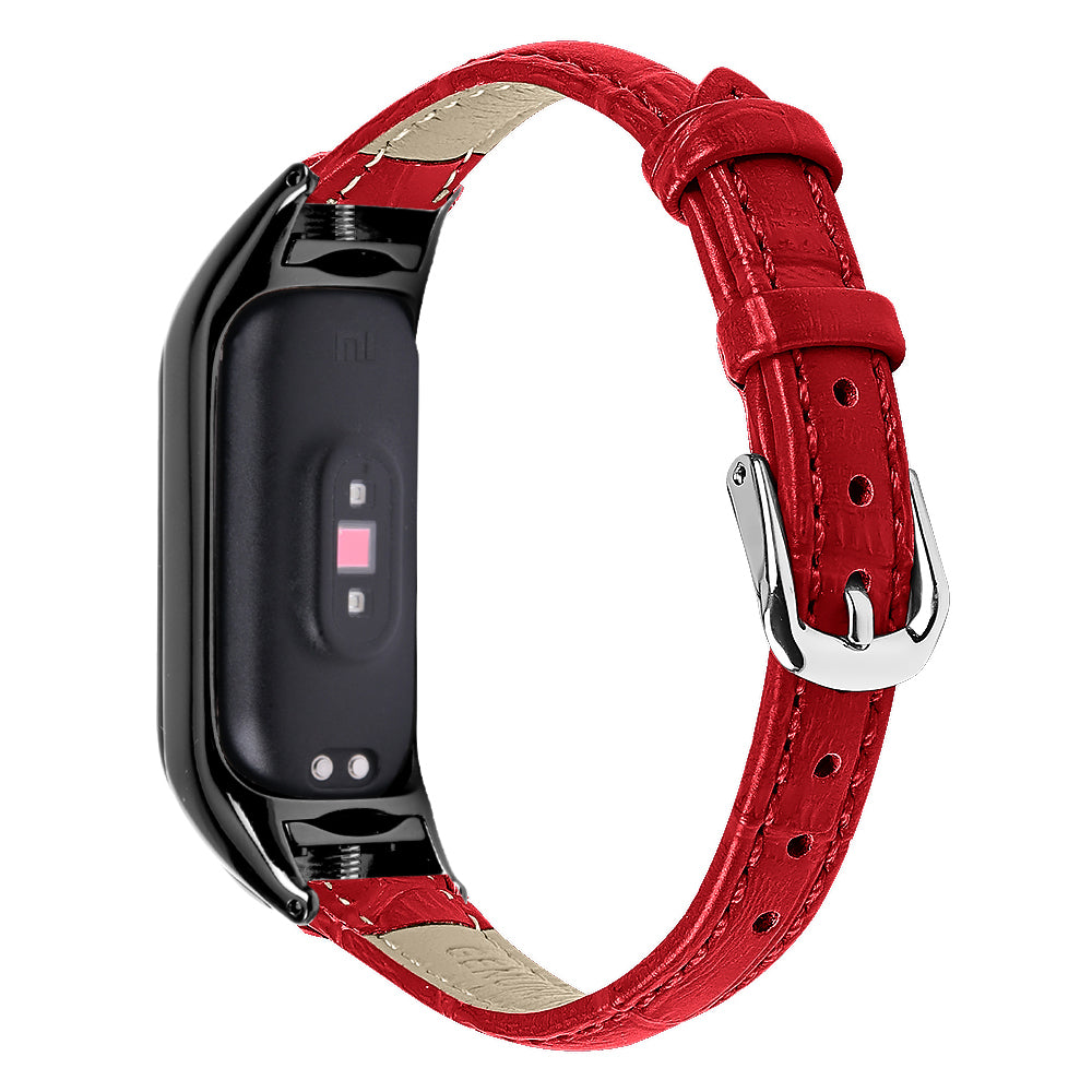 For Xiaomi Smart Band 8 Genuine Cowhide Leather Strap Bamboo Grain Watch Band with Black Frame Case