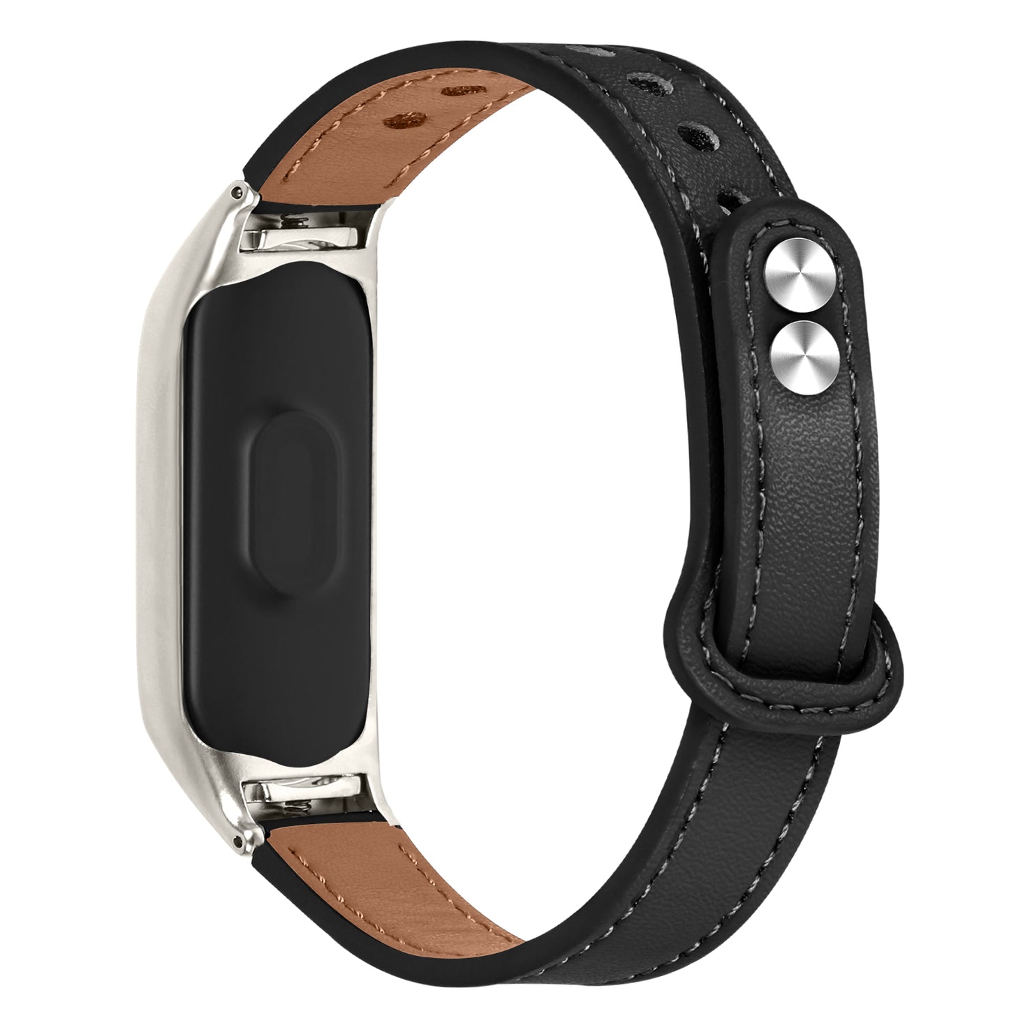 For Xiaomi Smart Band 8 Rivets Decor Watch Band Genuine Cowhide Leather Strap with Silver Watch Case