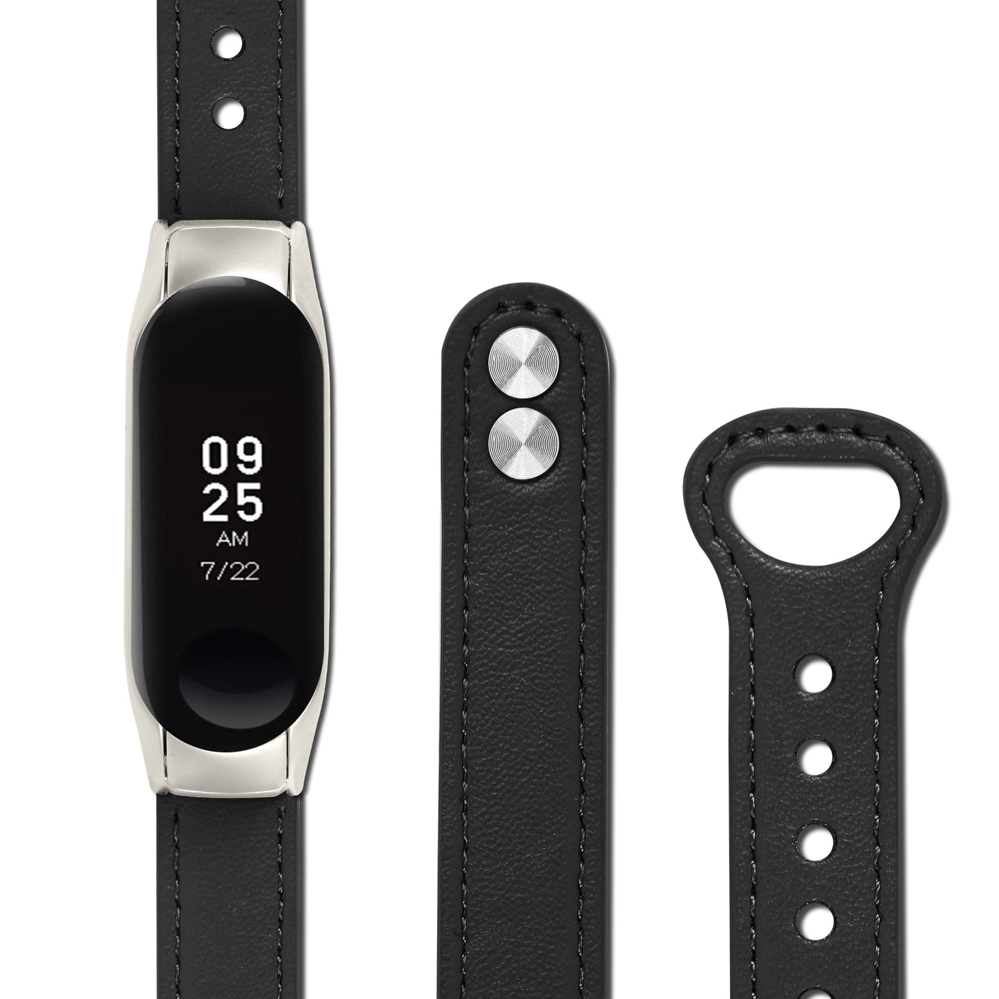 For Xiaomi Smart Band 8 Rivets Decor Watch Band Genuine Cowhide Leather Strap with Silver Watch Case