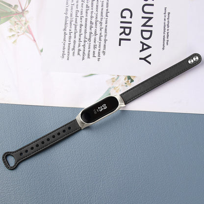 For Xiaomi Smart Band 8 Rivets Decor Watch Band Genuine Cowhide Leather Strap with Silver Watch Case