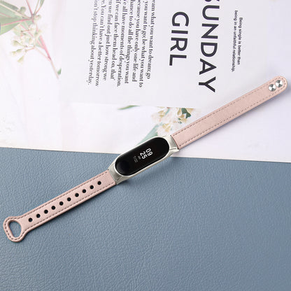 For Xiaomi Smart Band 8 Rivets Decor Watch Band Genuine Cowhide Leather Strap with Silver Watch Case