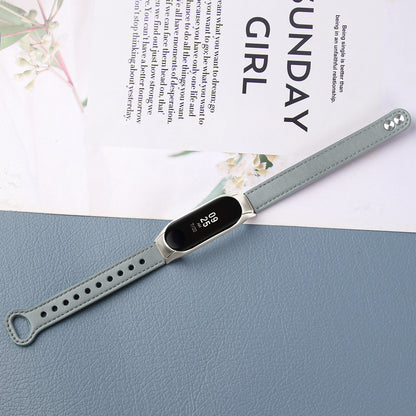 For Xiaomi Smart Band 8 Rivets Decor Watch Band Genuine Cowhide Leather Strap with Silver Watch Case