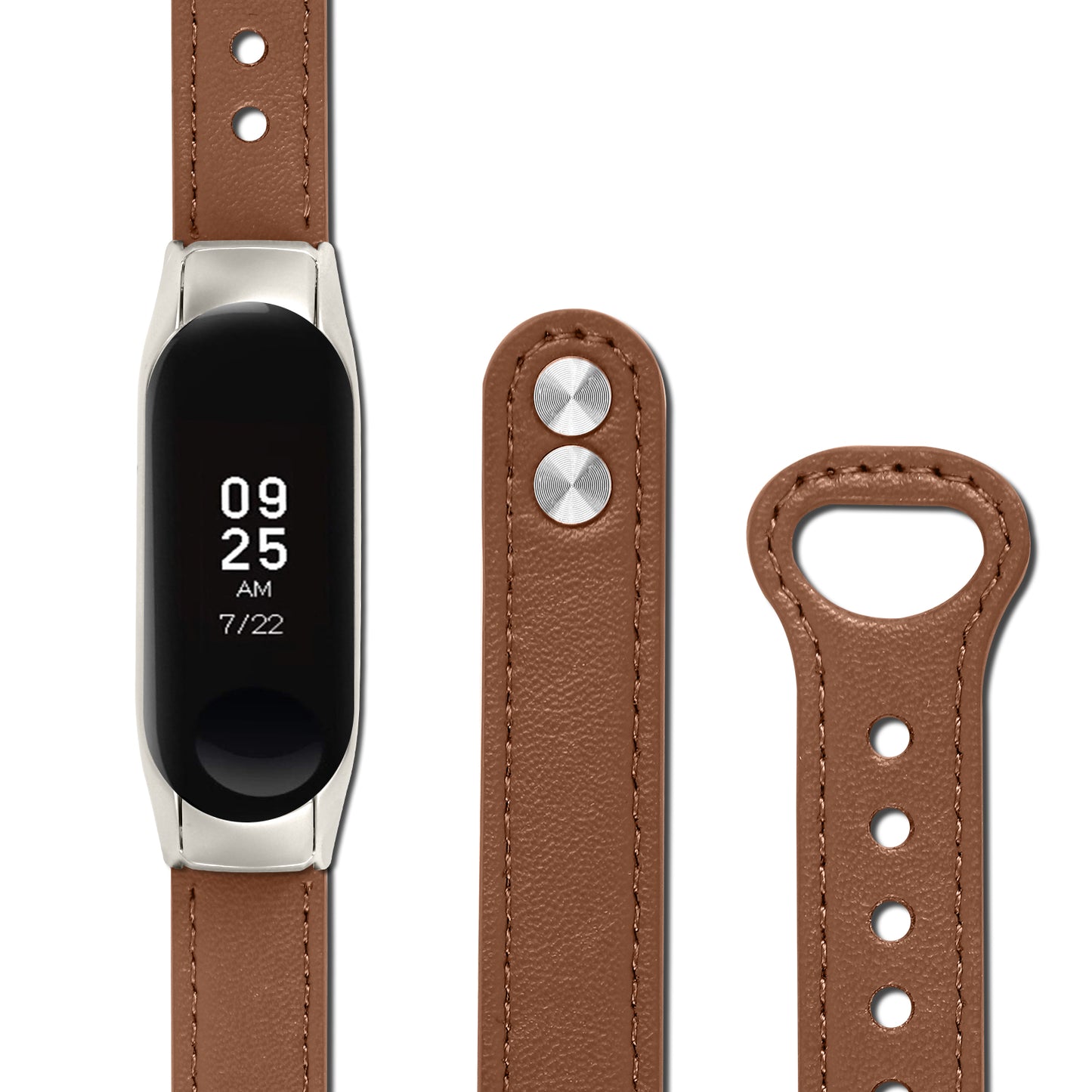 For Xiaomi Smart Band 8 Rivets Decor Watch Band Genuine Cowhide Leather Strap with Silver Watch Case