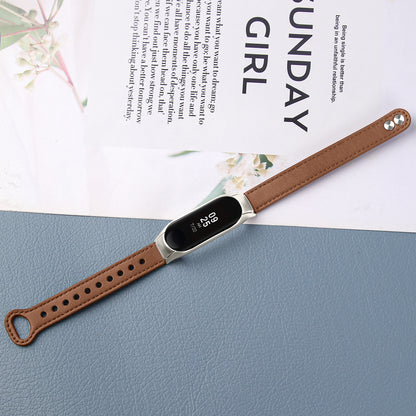 For Xiaomi Smart Band 8 Rivets Decor Watch Band Genuine Cowhide Leather Strap with Silver Watch Case