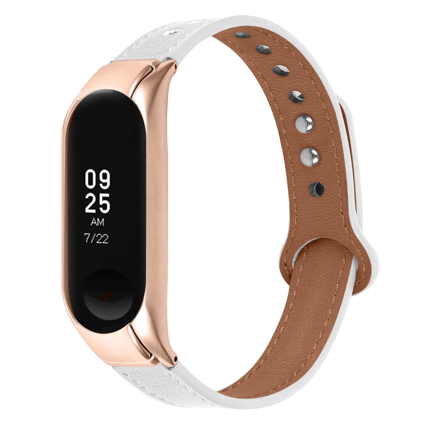 For Xiaomi Smart Band 8 Rivets Decor Watch Straps Genuine Cowhide Leather Watch Band with Rose Gold Watch Case