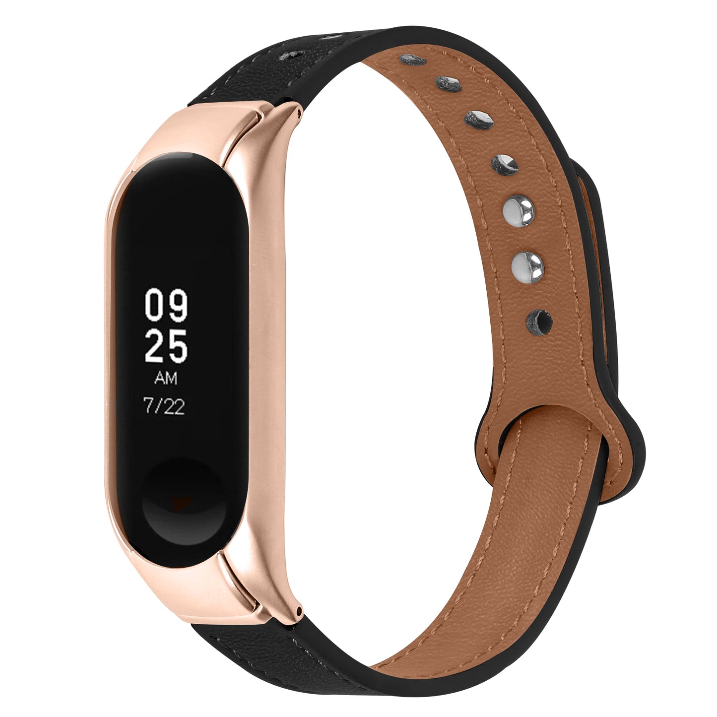 For Xiaomi Smart Band 8 Rivets Decor Watch Straps Genuine Cowhide Leather Watch Band with Rose Gold Watch Case