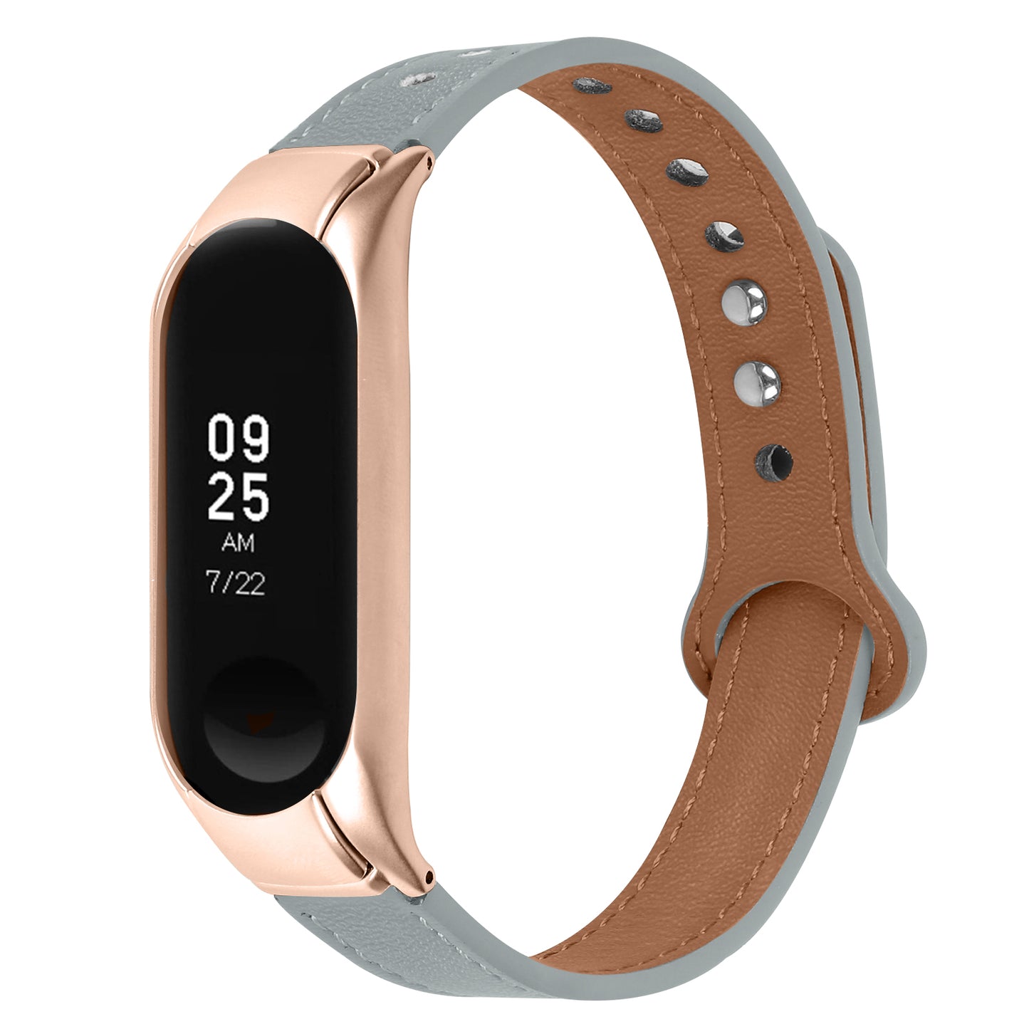 For Xiaomi Smart Band 8 Rivets Decor Watch Straps Genuine Cowhide Leather Watch Band with Rose Gold Watch Case