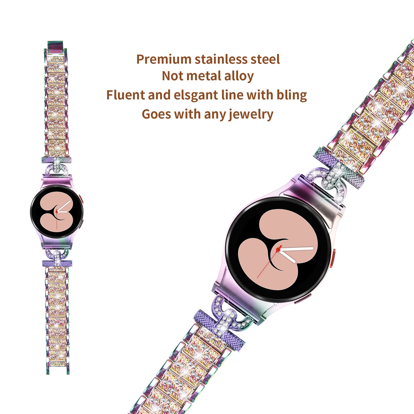 For Samsung Galaxy Watch6 40mm 44mm / Watch6 Classic 43mm 47mm / Watch 5 40mm 44mm / Watch4 40mm 44mm Stainless Steel 3-Bead Rhinestone Watch Strap